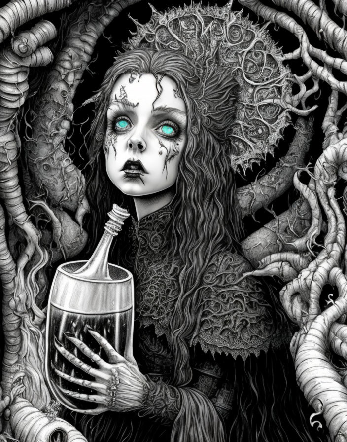 Monochrome illustration of woman with lace, holding goblet, surrounded by vines