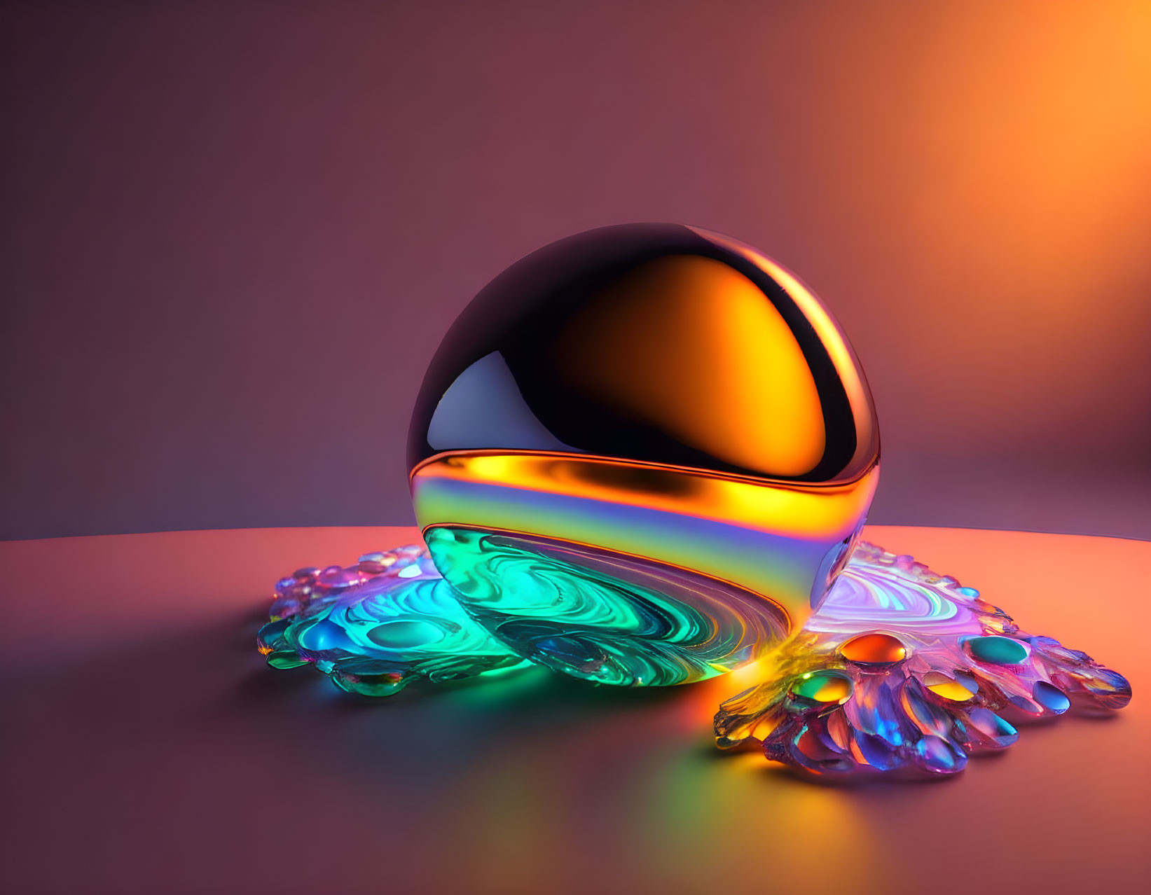 Shiny Metallic Sphere with Iridescent Colors on Reflective Surface