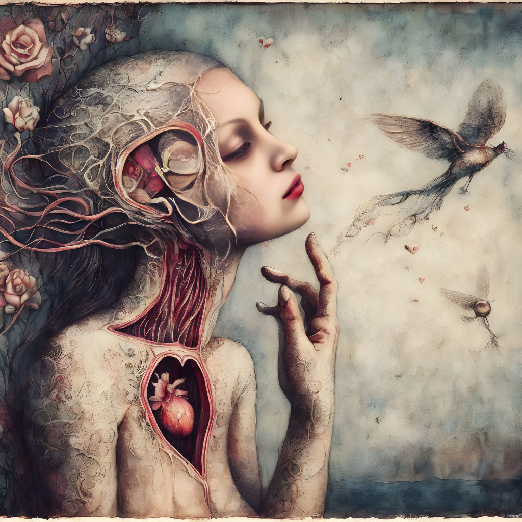 Woman with exposed anatomical heart, birds, and floral backdrop portrait.