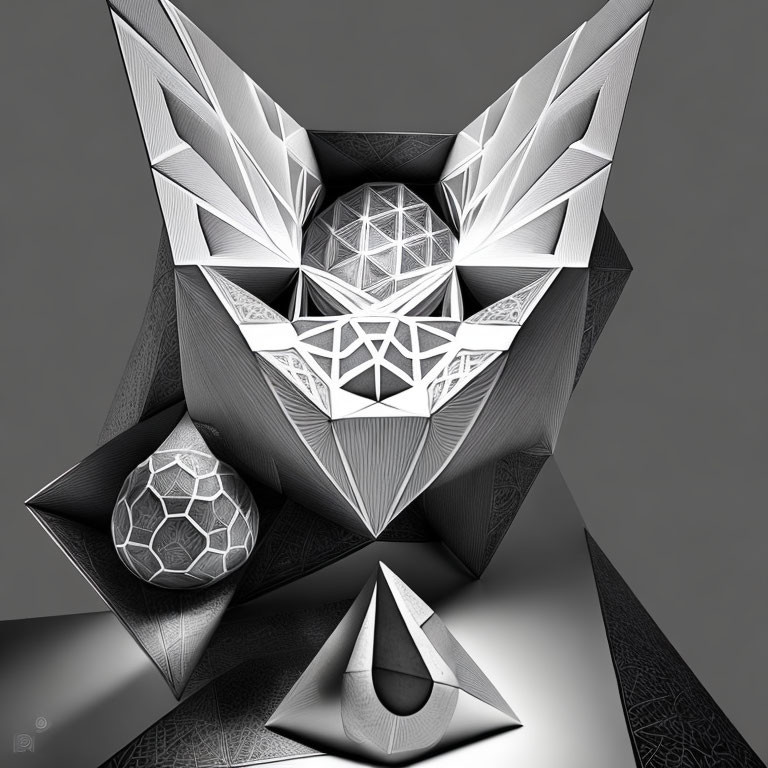 Abstract grayscale image with geometric shapes and intricate patterns.