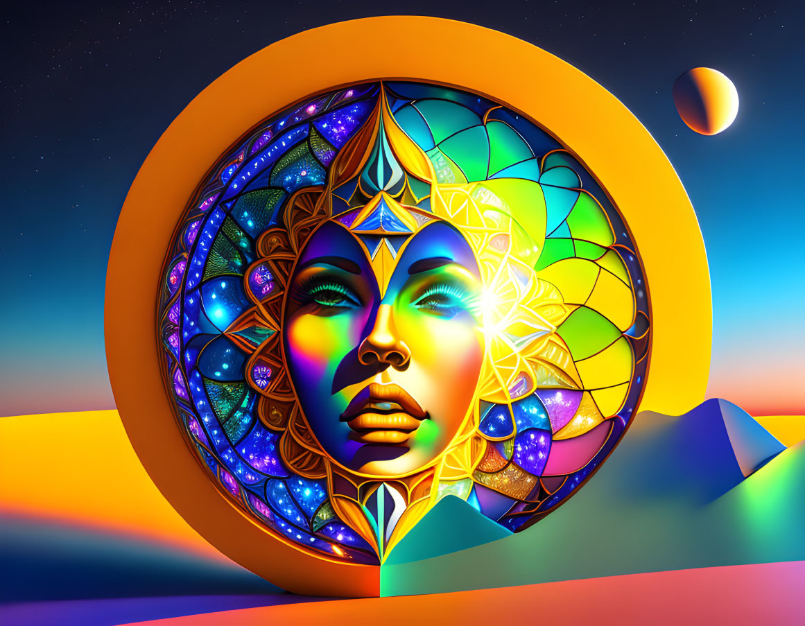 Vibrant digital artwork: stylized female face with mandala patterns in surreal moonlit landscape