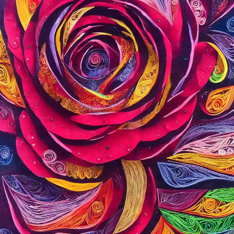 Colorful Abstract Art: Swirling Rose Design in Reds, Yellows, and Purples