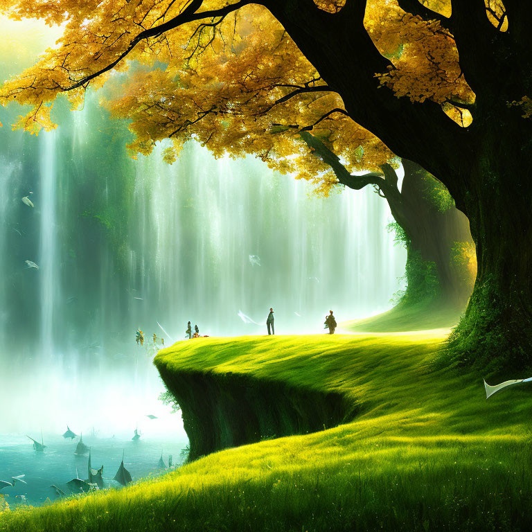 Sunlit glade with waterfalls and lush trees in serene fantasy landscape