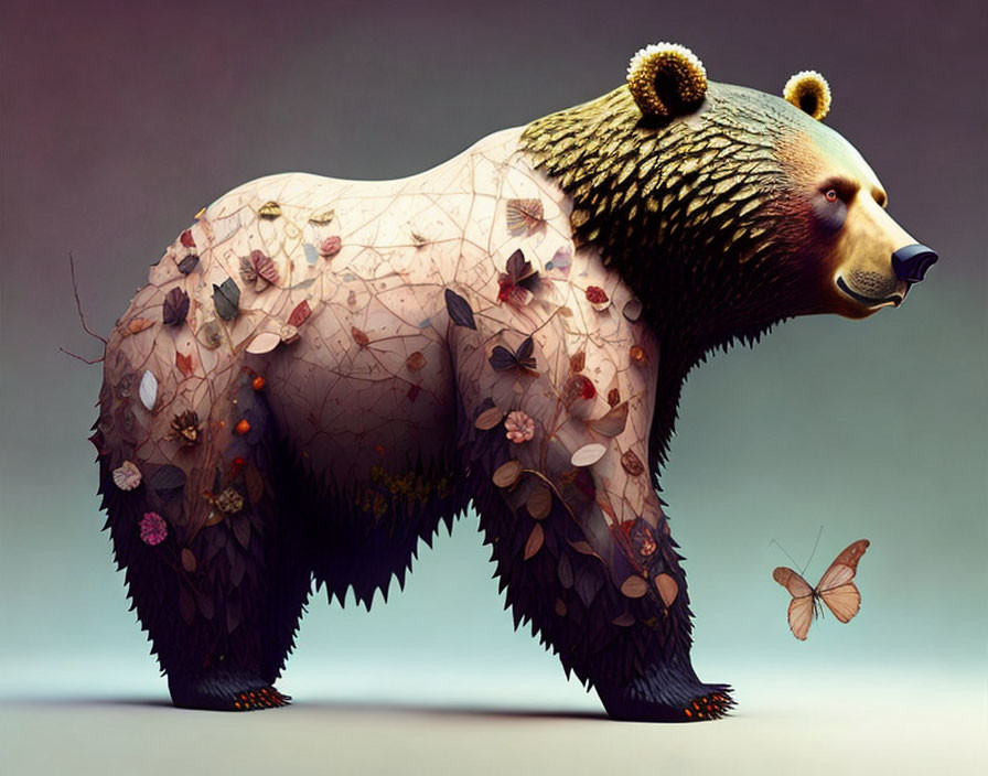 Translucent bear digital art with intricate pattern, butterflies, and flowers