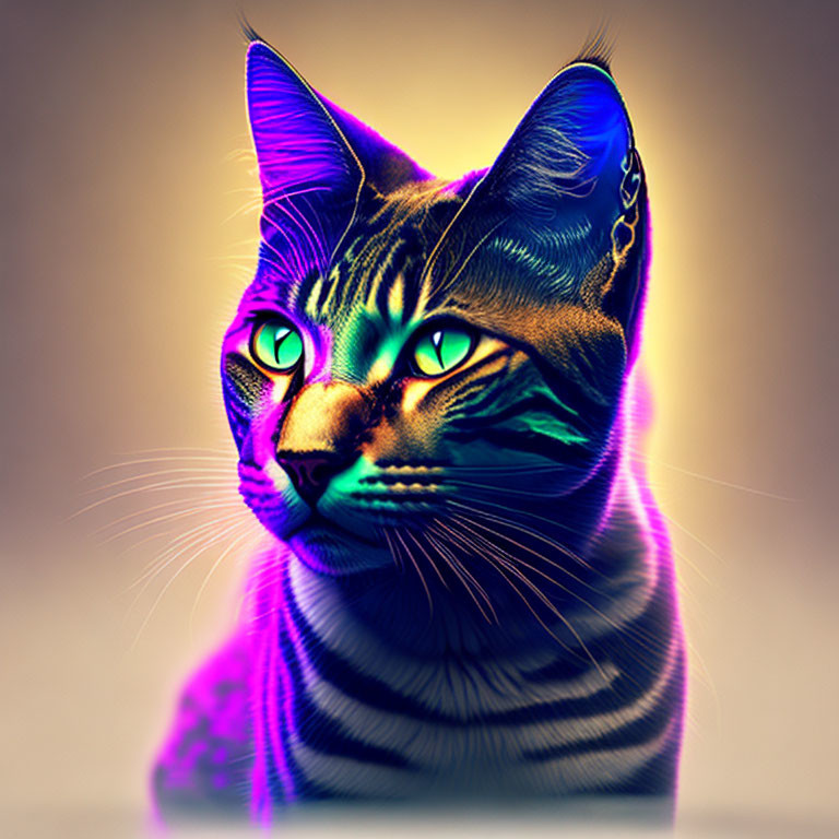 Colorful Digital Artwork of Cat with Green Eyes in Neon Purple and Yellow