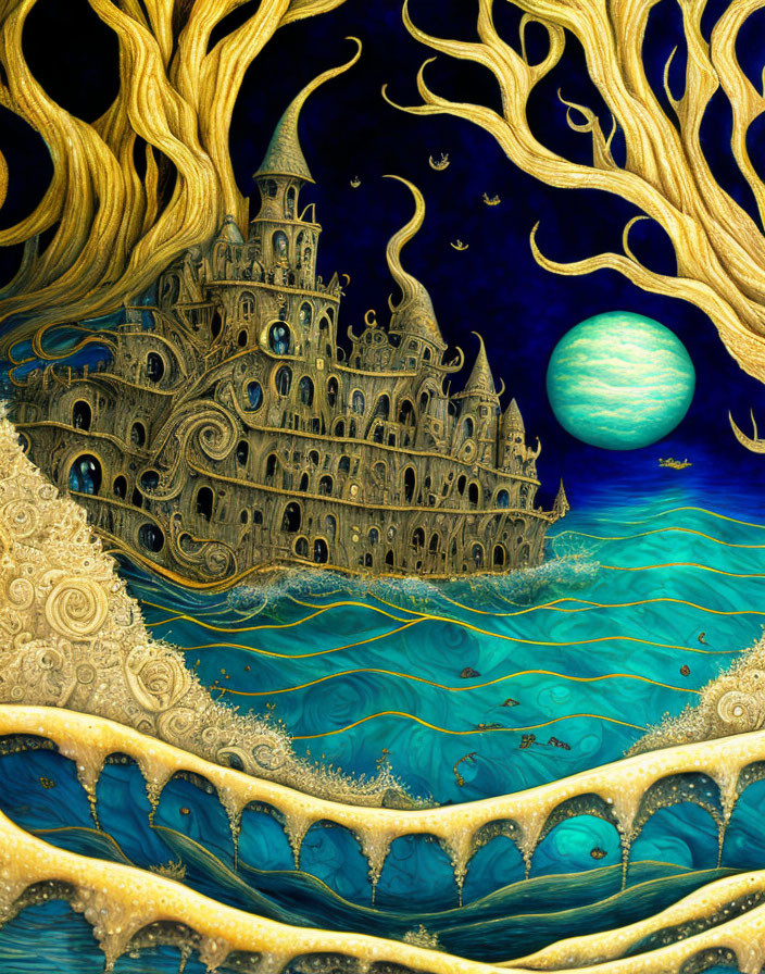 Golden castle with swirling patterns in dark sea under green moon and golden trees.