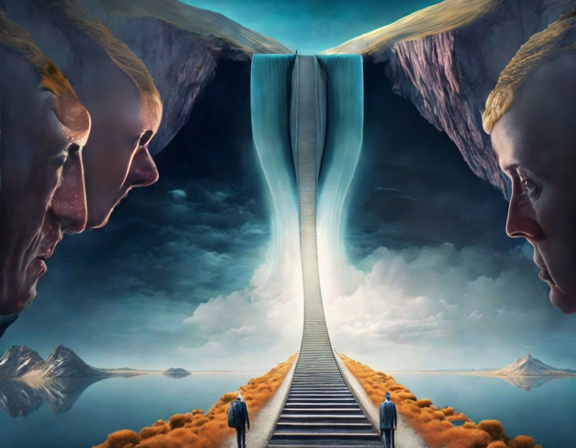 Surreal landscape with waterfall bridge between giant faces