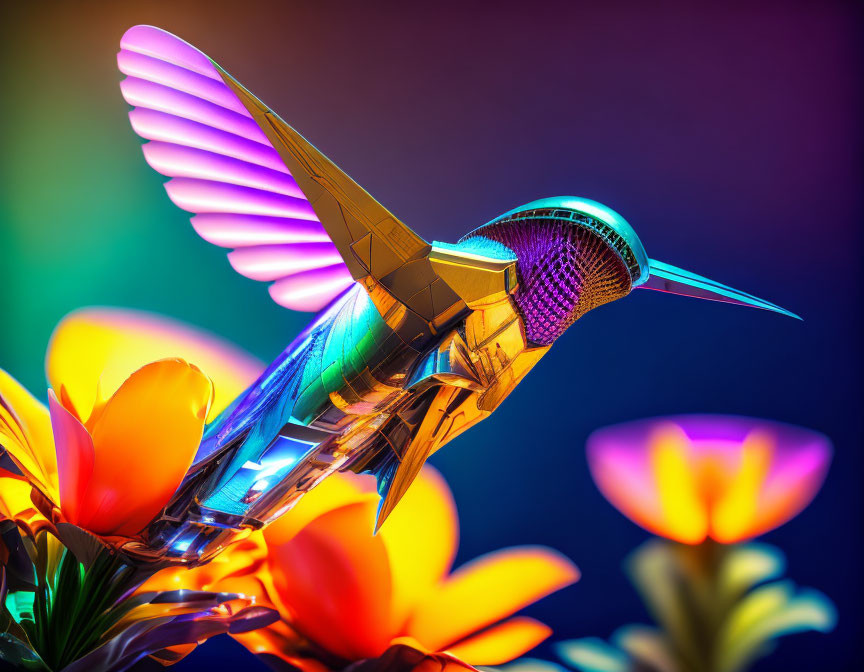 Colorful Metallic Hummingbird Sculpture Feeding on Flower