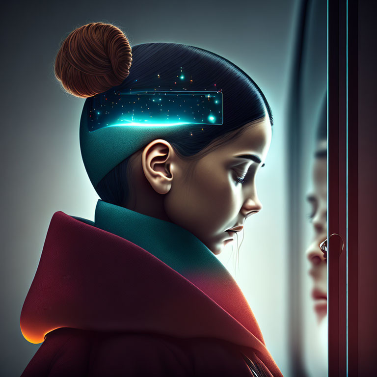 Futuristic woman with starry visor in reflective gaze