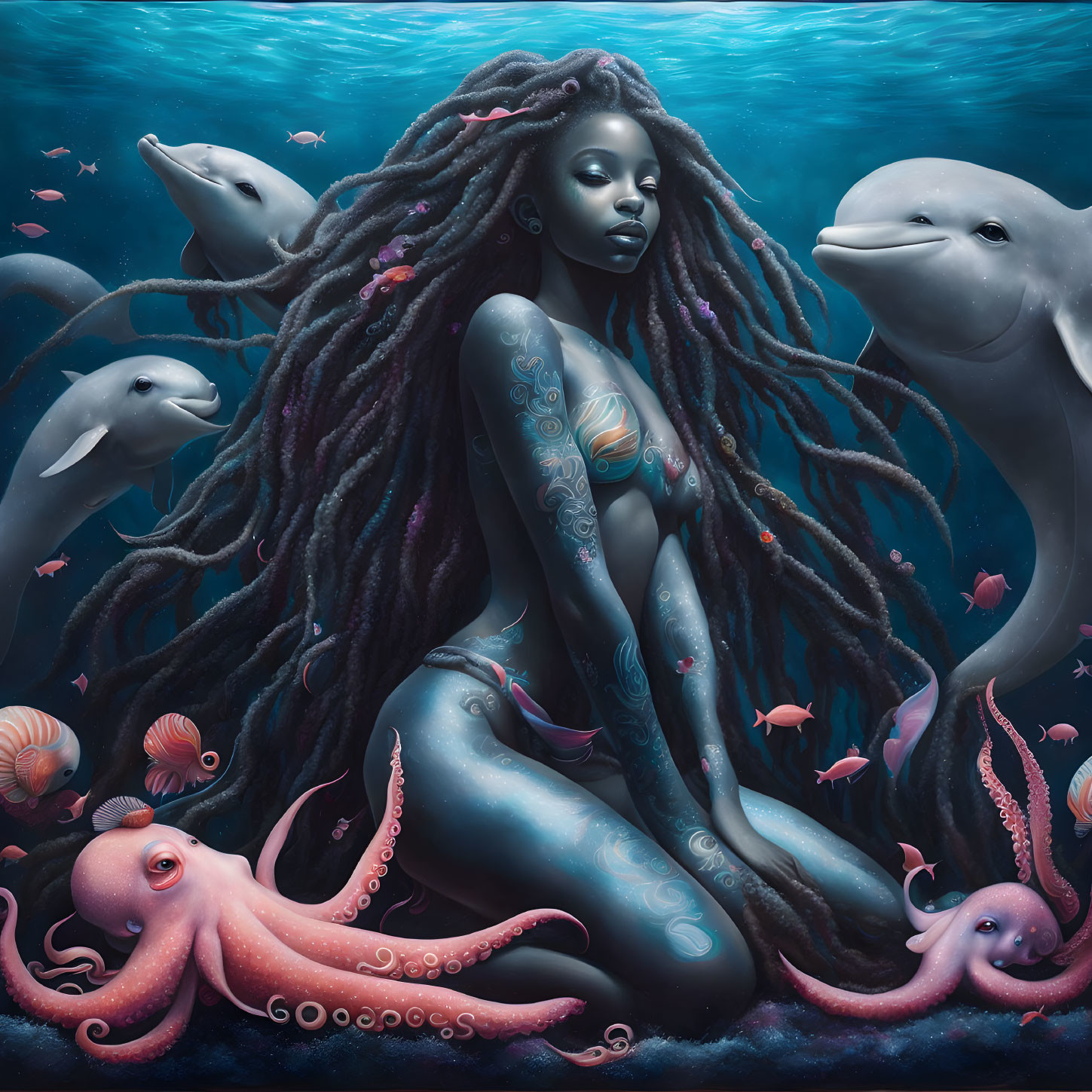 Mythical underwater scene: serene woman with dolphins, octopuses, and flowing dreadlocks