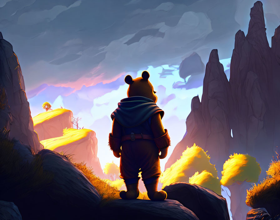 Stylized bear character on rocky outcrop gazes at sunset landscape