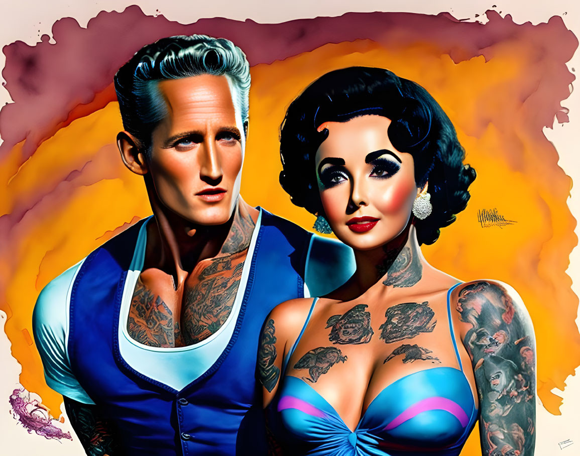 Stylized man and woman with classic hairstyles and tattoos on orange backdrop