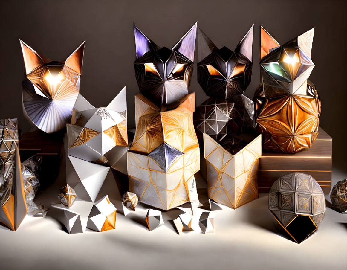 Colorful Geometric Cat Sculptures on Neutral Background