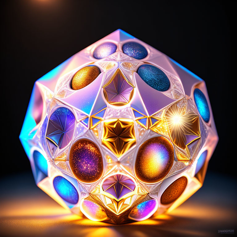 Luminous 3D geometric shape with intricate patterns and jewel-tones