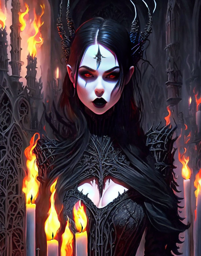 Illustrated gothic female character with horns and dark makeup in front of flames and ornate architecture