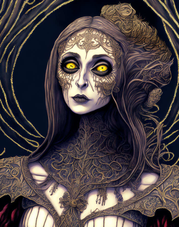 Detailed Illustration of Woman with Facial Tattoos and Yellow Eyes