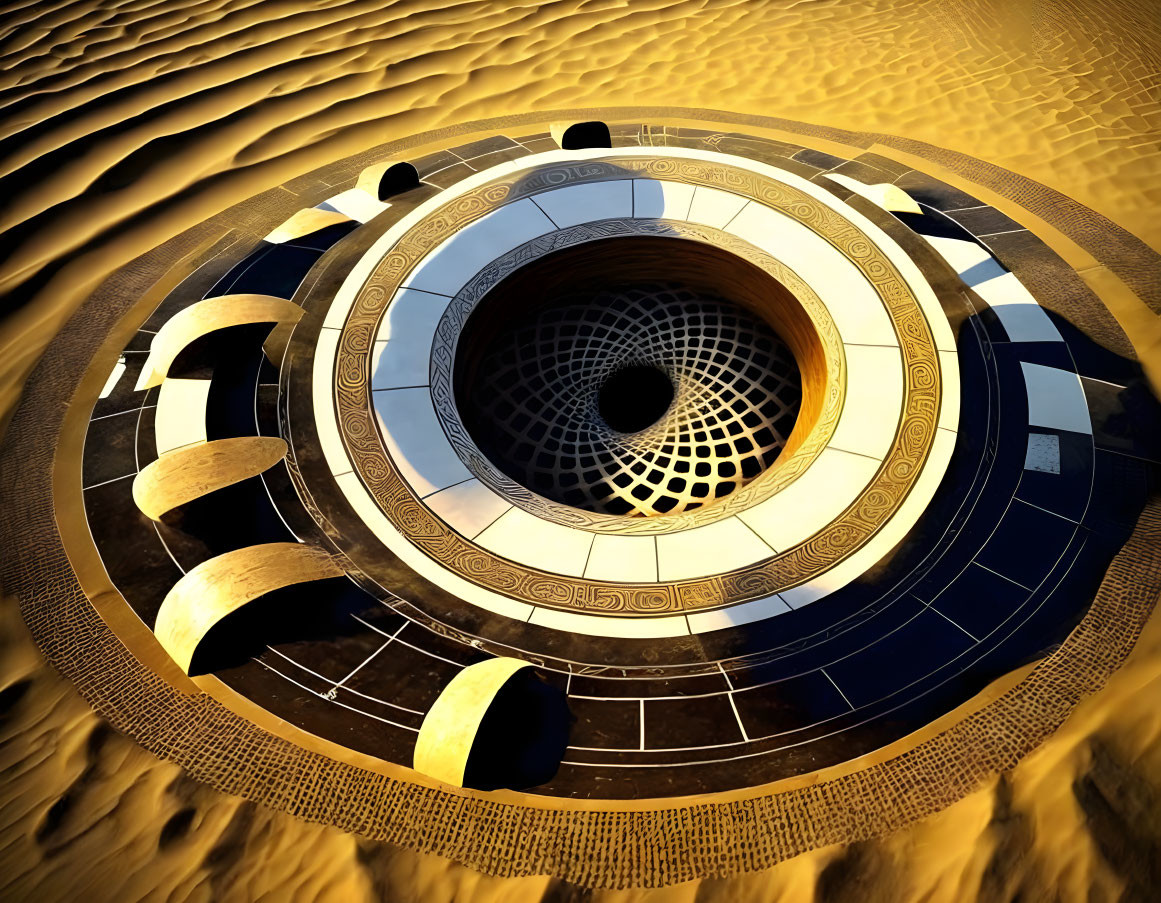 Detailed round structure with eye-like patterns in sand dunes under bright sky