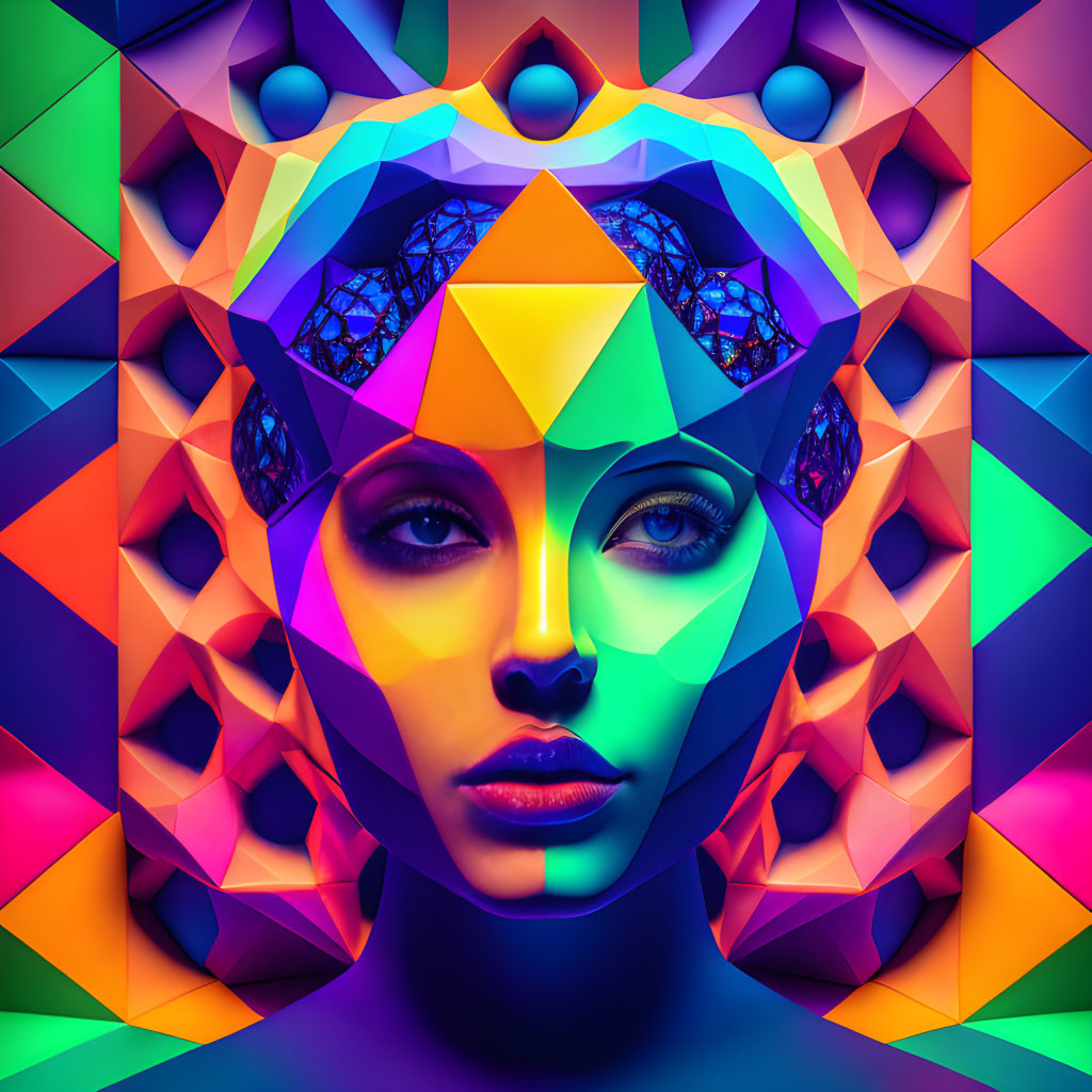 Symmetrical abstract digital artwork of colorful female face