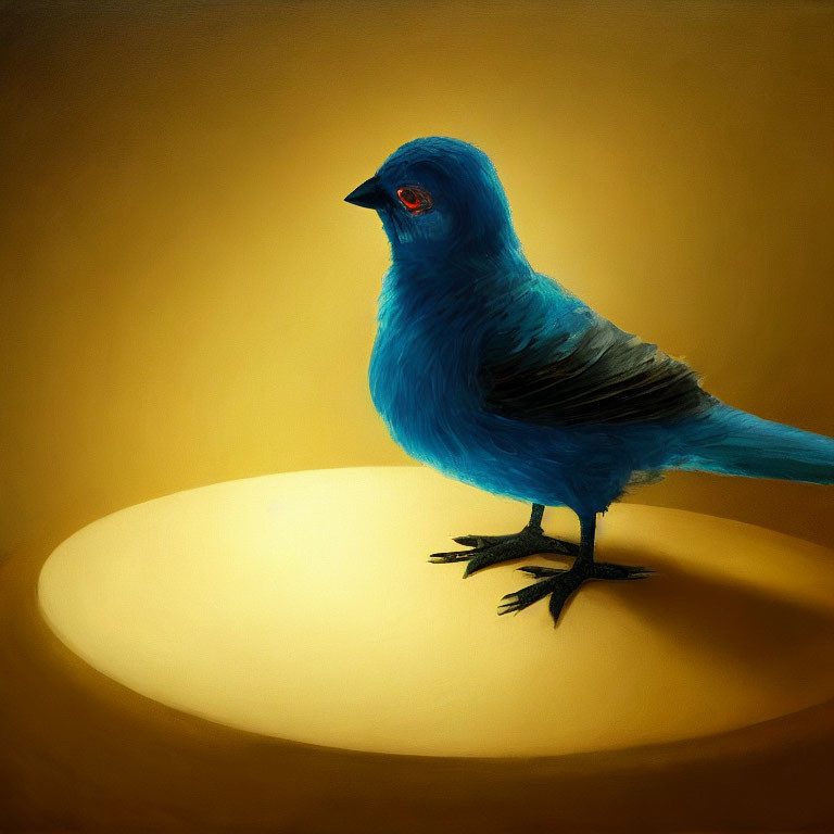 Blue Bird with Red Eyes Standing in Circular Glow on Golden Background