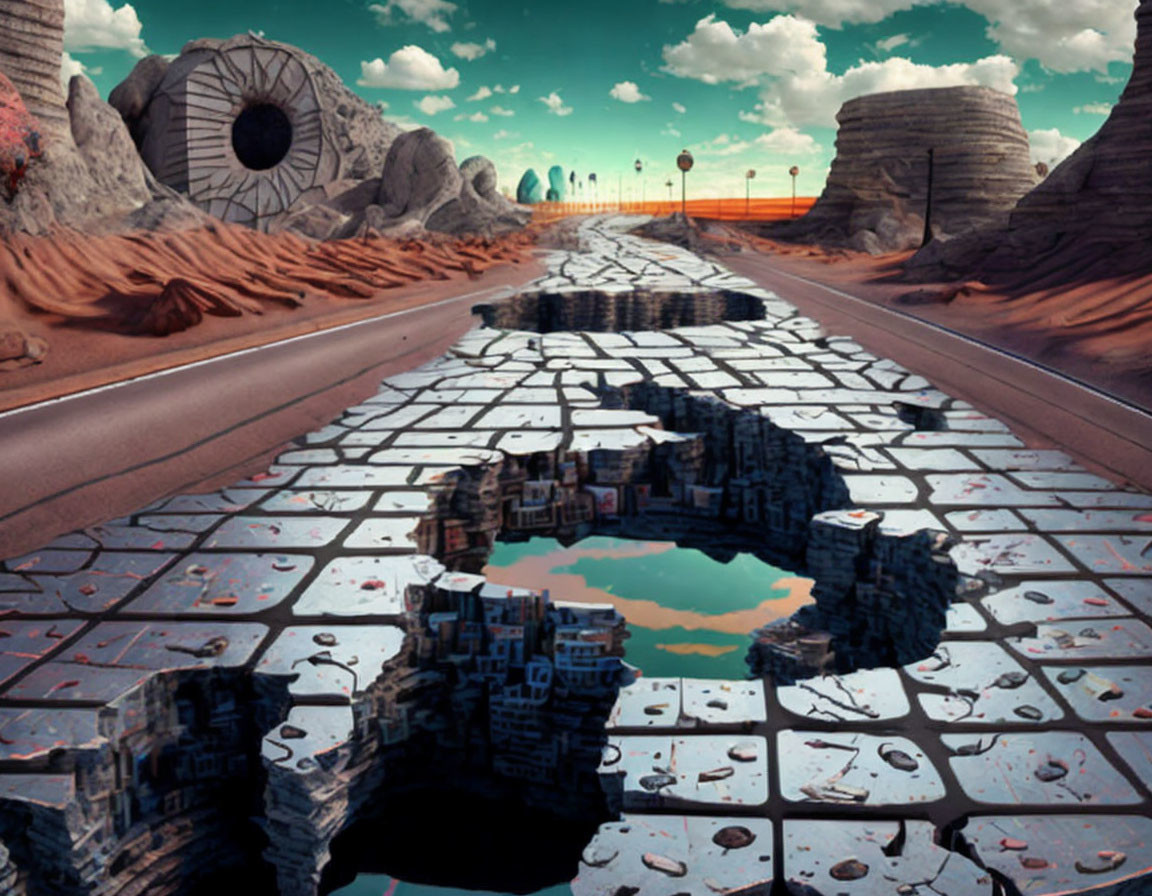 Cracked road leads to underground city in surreal landscape