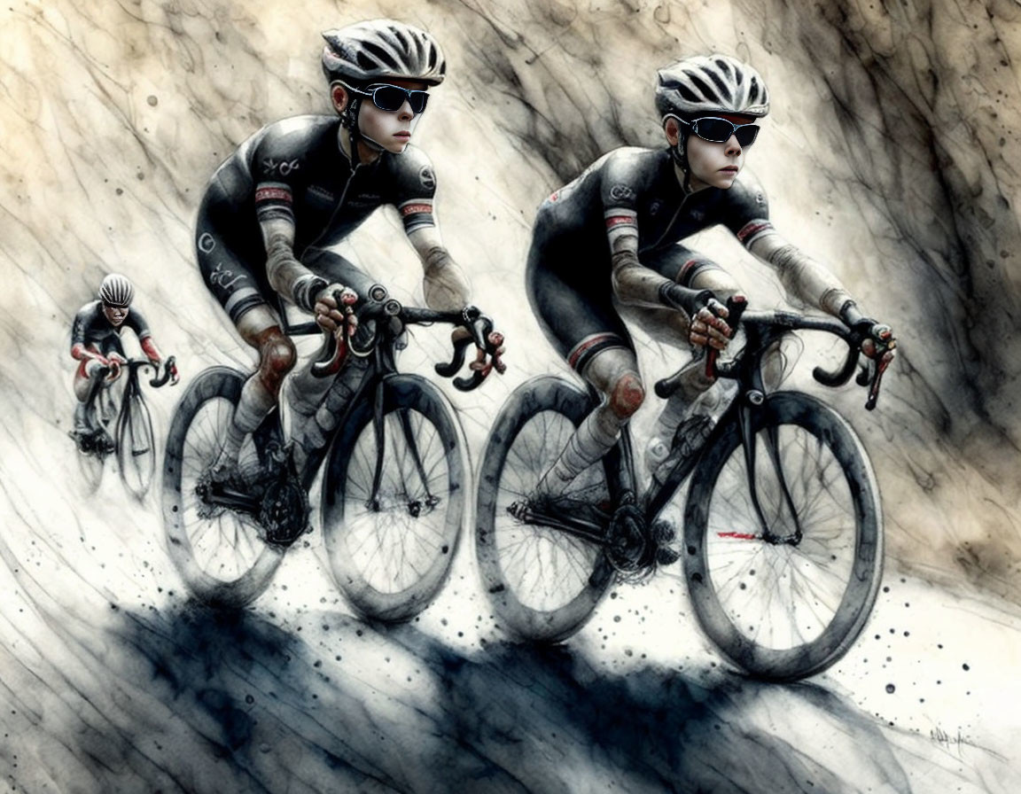 Three cyclists in race gear pedaling down rocky slope