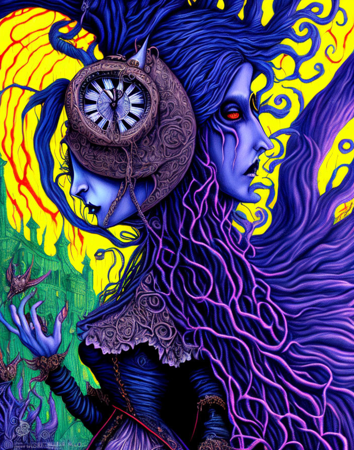 Dual-faced figure with mechanical eye in vibrant artwork against swirling patterned backdrop