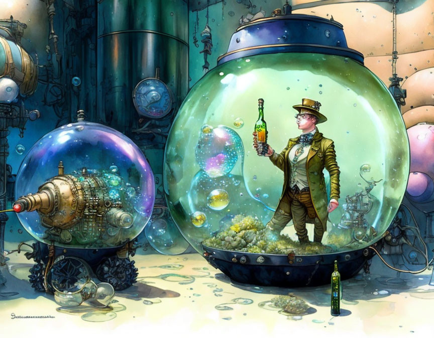 Man in vintage outfit under glass dome with steampunk machinery & bubbles