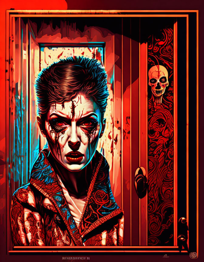 Person with zombie-like makeup in red and blue color scheme standing in doorway with skull.