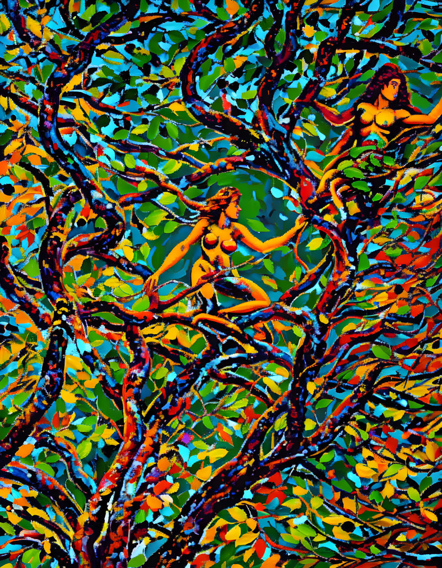 Colorful Abstract Art: Women in Tree Branches