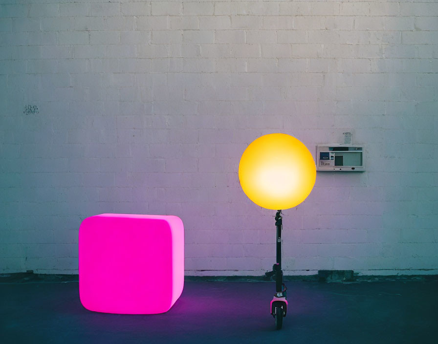 Colorful pink cube and yellow sphere illuminate white room with electrical panel