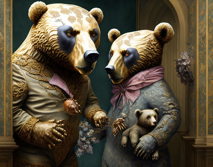 Regal anthropomorphic bears with cub in ornate interior