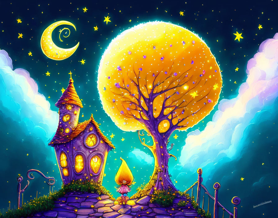 Whimsical gnome illustration by glowing tree and fantastical house