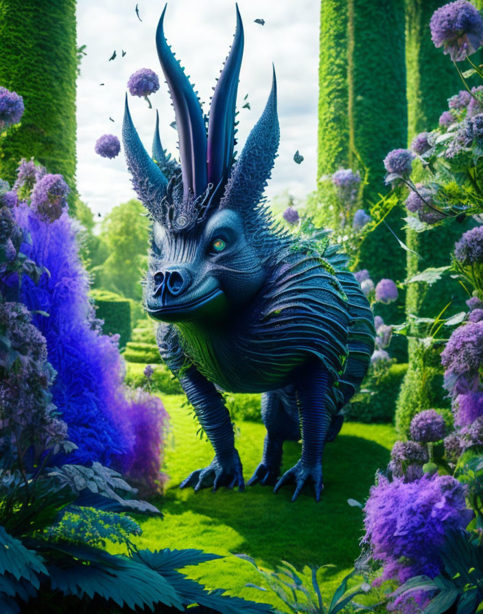 Majestic dragon with horns in vibrant garden with bees and colorful foliage