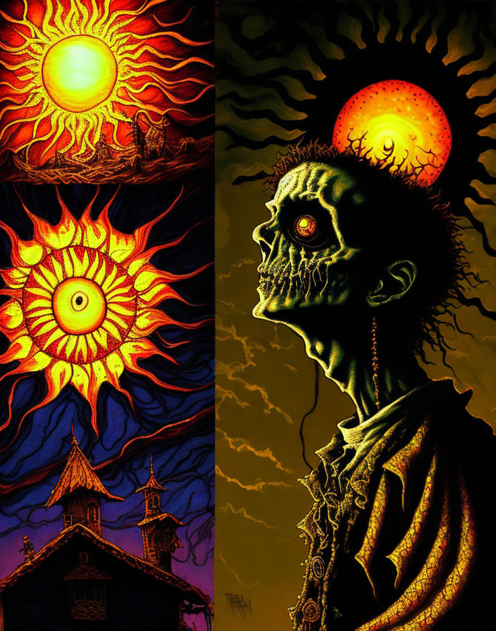 Split image of vibrant sun with eye and skeletal figure with sun backdrop on dark setting