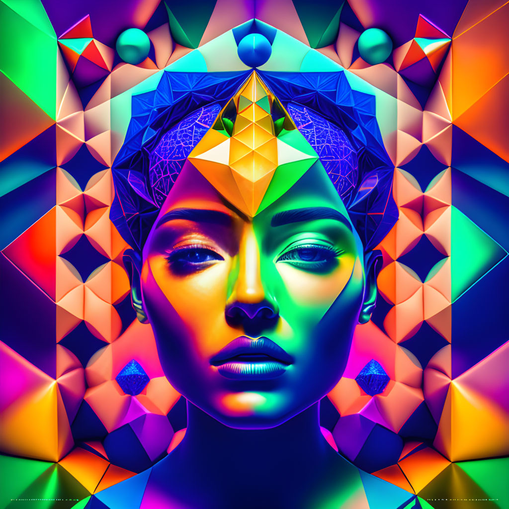 Symmetric Stylized Female Face with Geometric Patterns