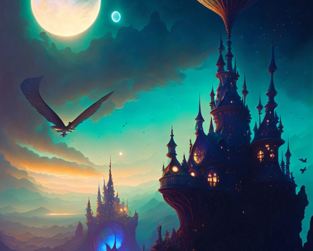 Fantastical dusk landscape with towering castles, moon, celestial body, and bird