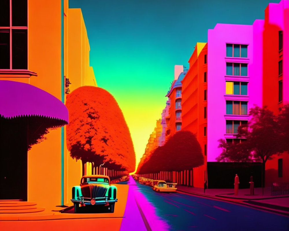 Colorful digital artwork of a sunset street scene with trees, buildings, and classic car.