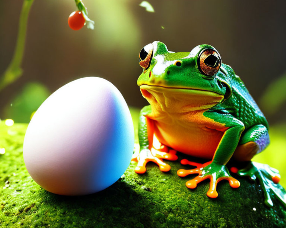 Colorful frog with egg on mossy surface under soft glow and berry