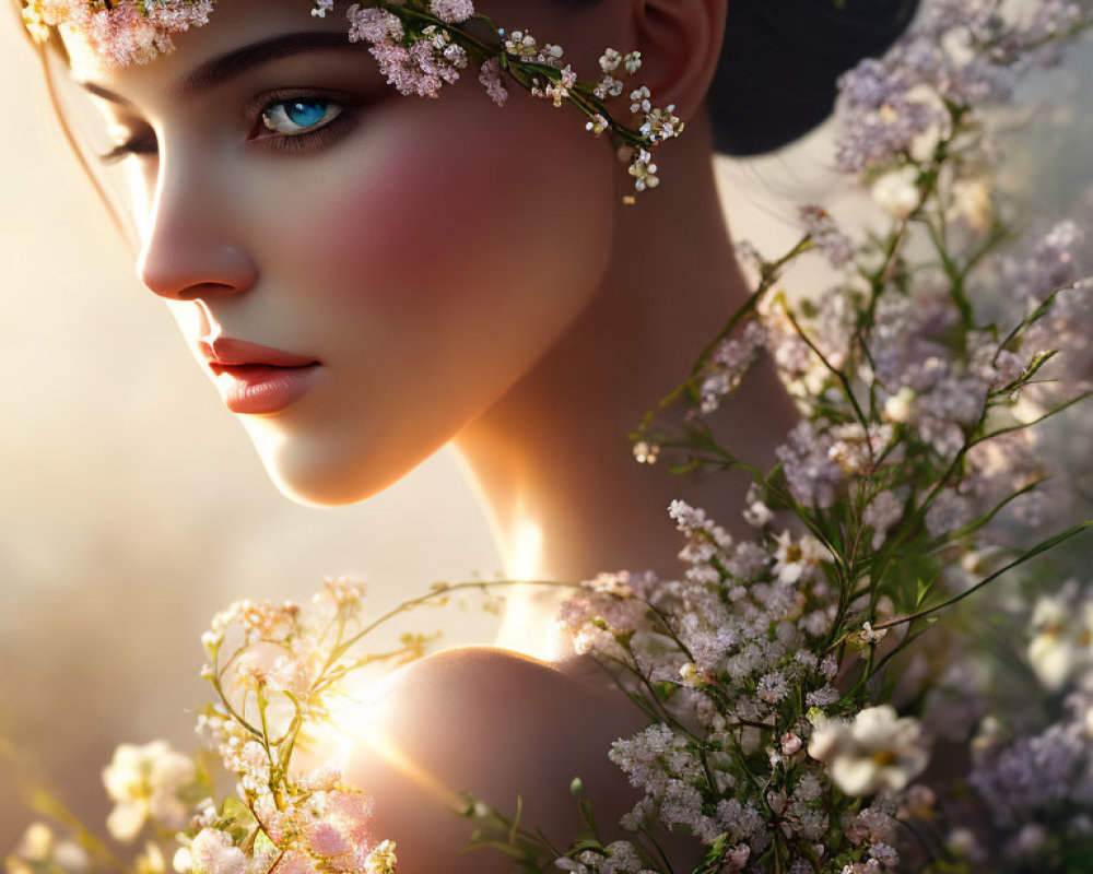 Blue-eyed woman in floral headpiece surrounded by delicate flowers in soft sunlight