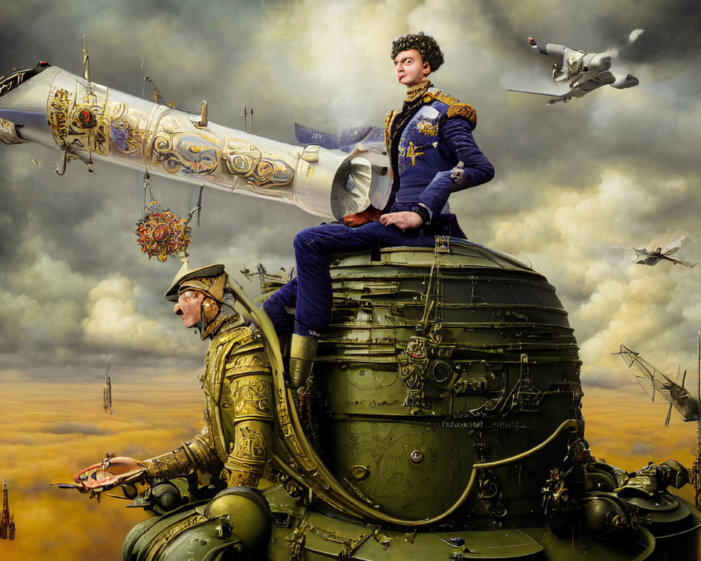 Steampunk scene with two characters on flying cannon amid floating islands