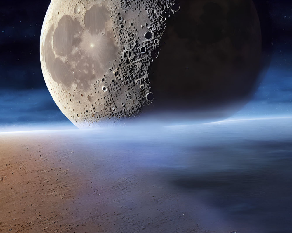 Vast desert under starry sky with large moon on horizon