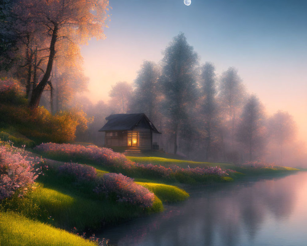 Tranquil cottage by river in twilight with crescent moon