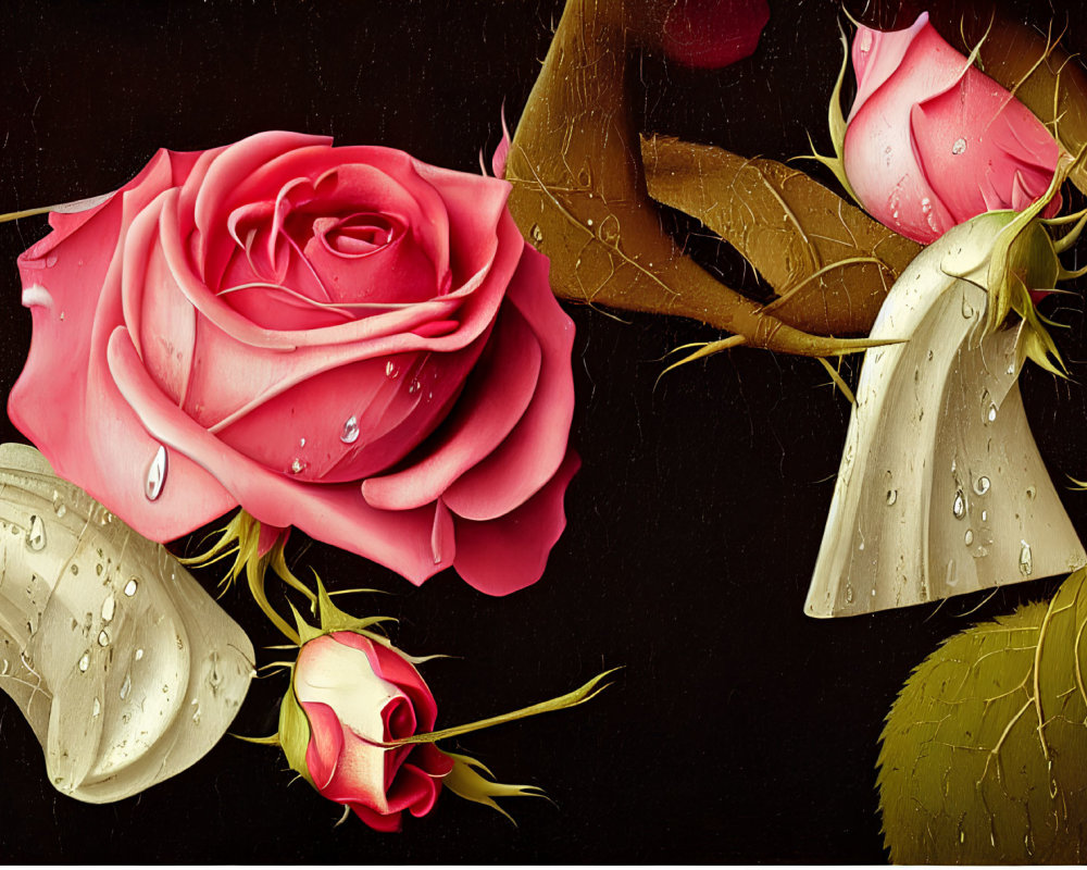 Detailed Illustration of Blooming Pink Rose with Water Droplets and Closed Rosebud on Dark Background