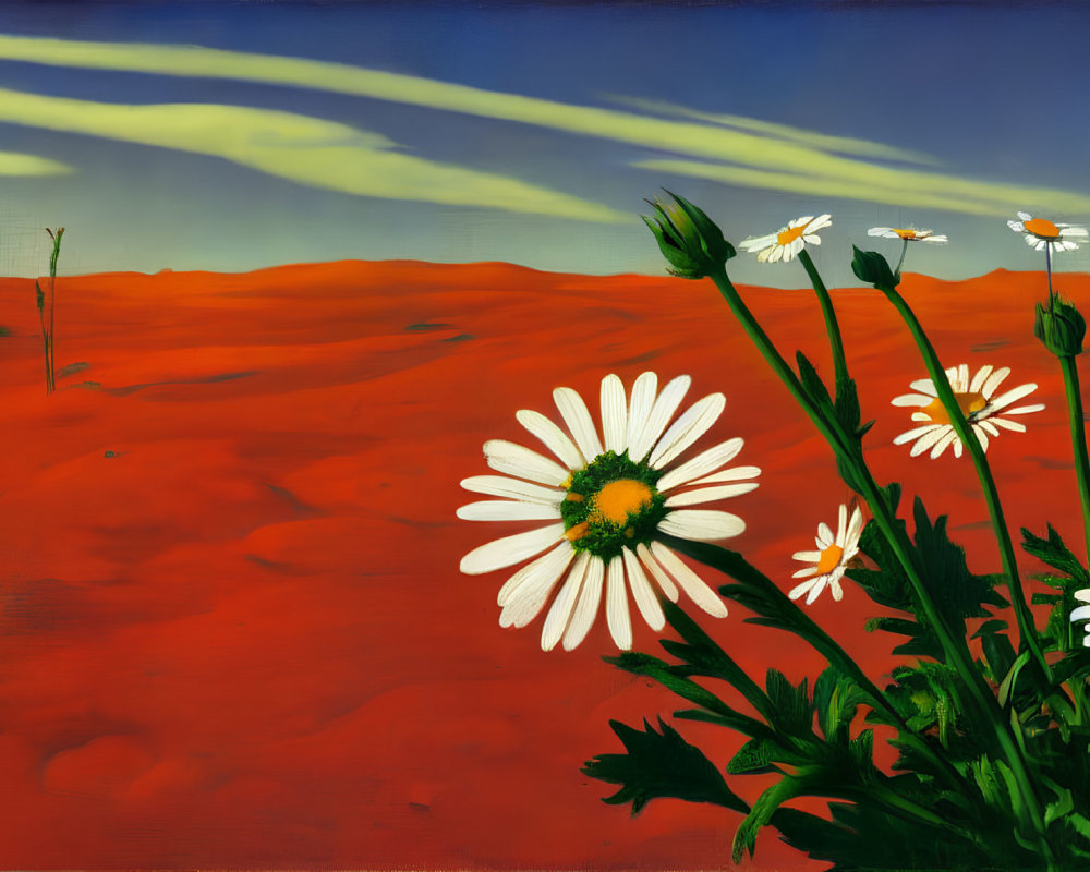 Colorful painting of white daisies in red desert landscape