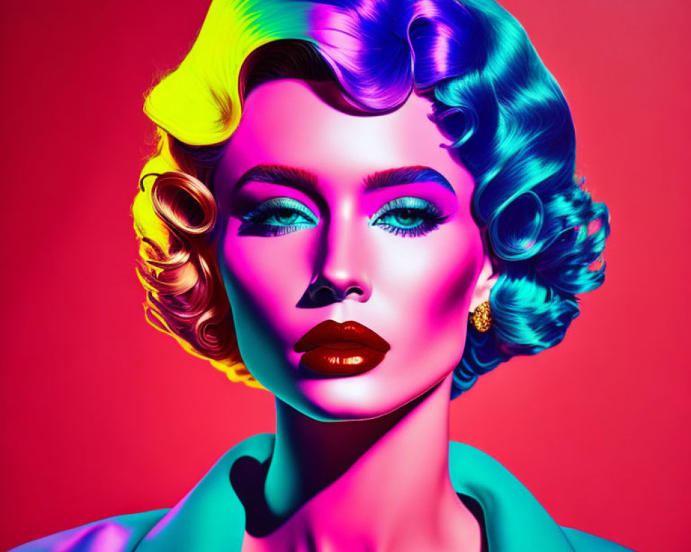 Colorful portrait of woman with rainbow hair and bold makeup on red background