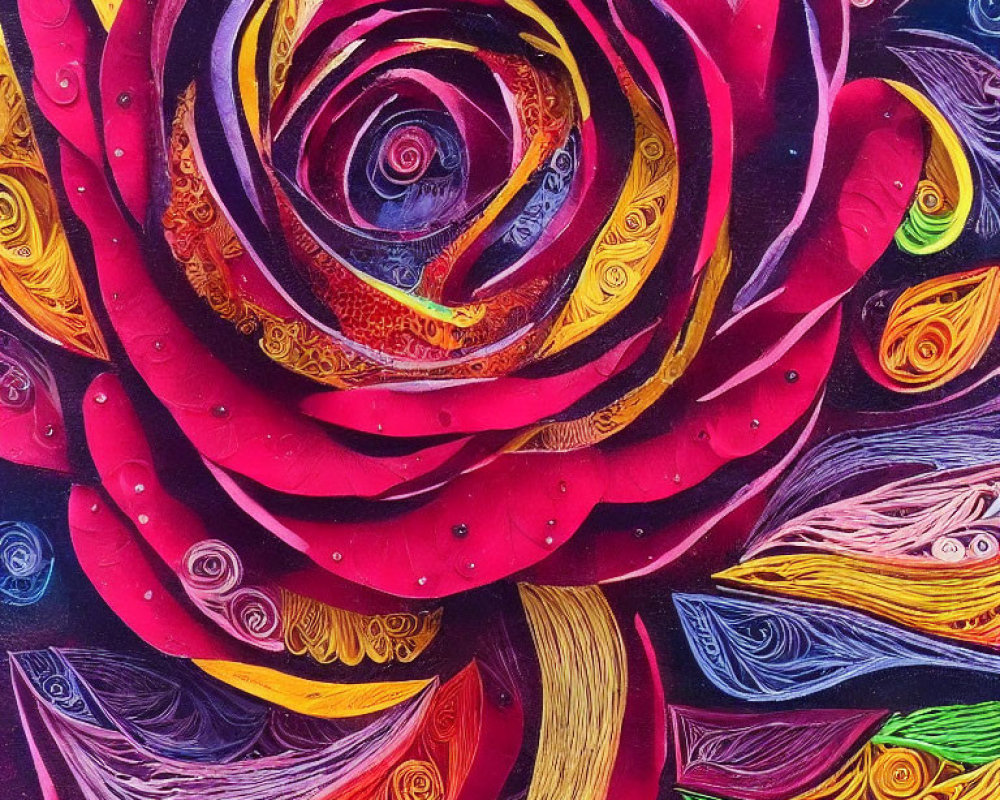 Colorful Abstract Art: Swirling Rose Design in Reds, Yellows, and Purples