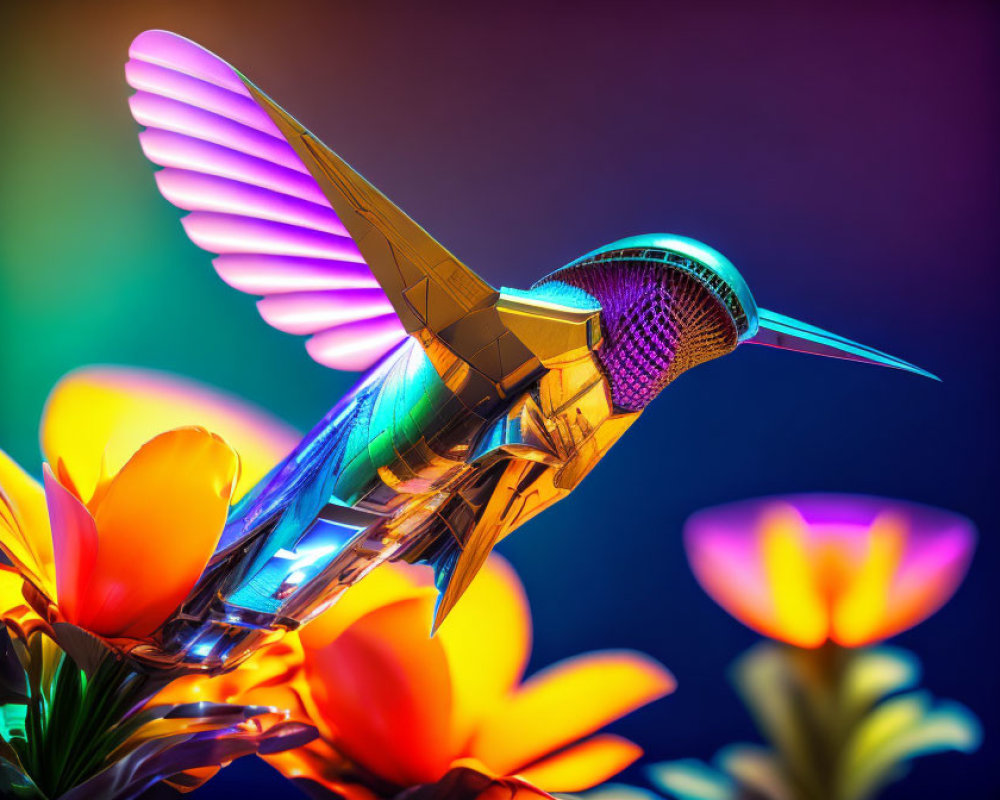 Colorful Metallic Hummingbird Sculpture Feeding on Flower