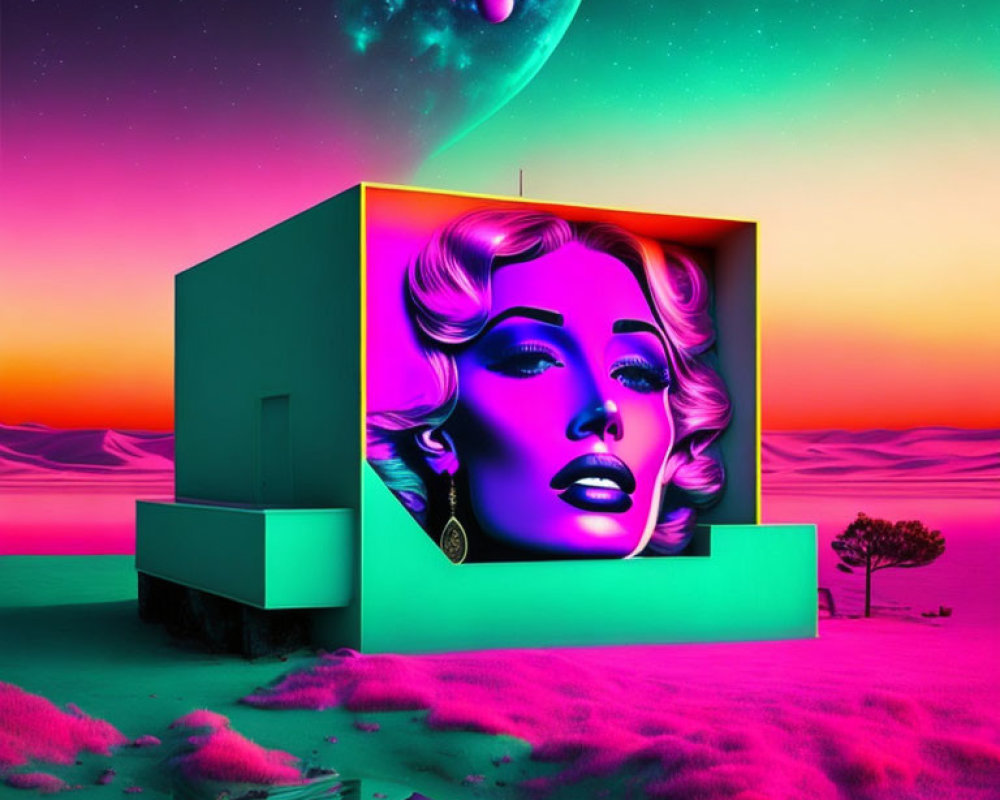 Vibrant pink and purple surreal landscape with minimalist building and portrait of woman against fantastical sky.