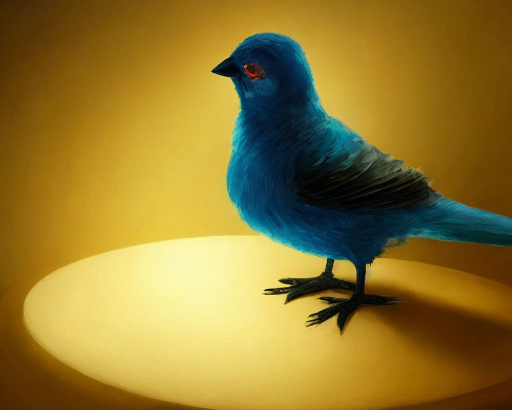 Blue Bird with Red Eyes Standing in Circular Glow on Golden Background