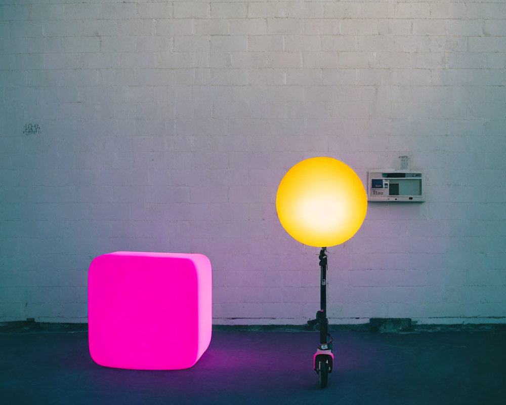 Colorful pink cube and yellow sphere illuminate white room with electrical panel